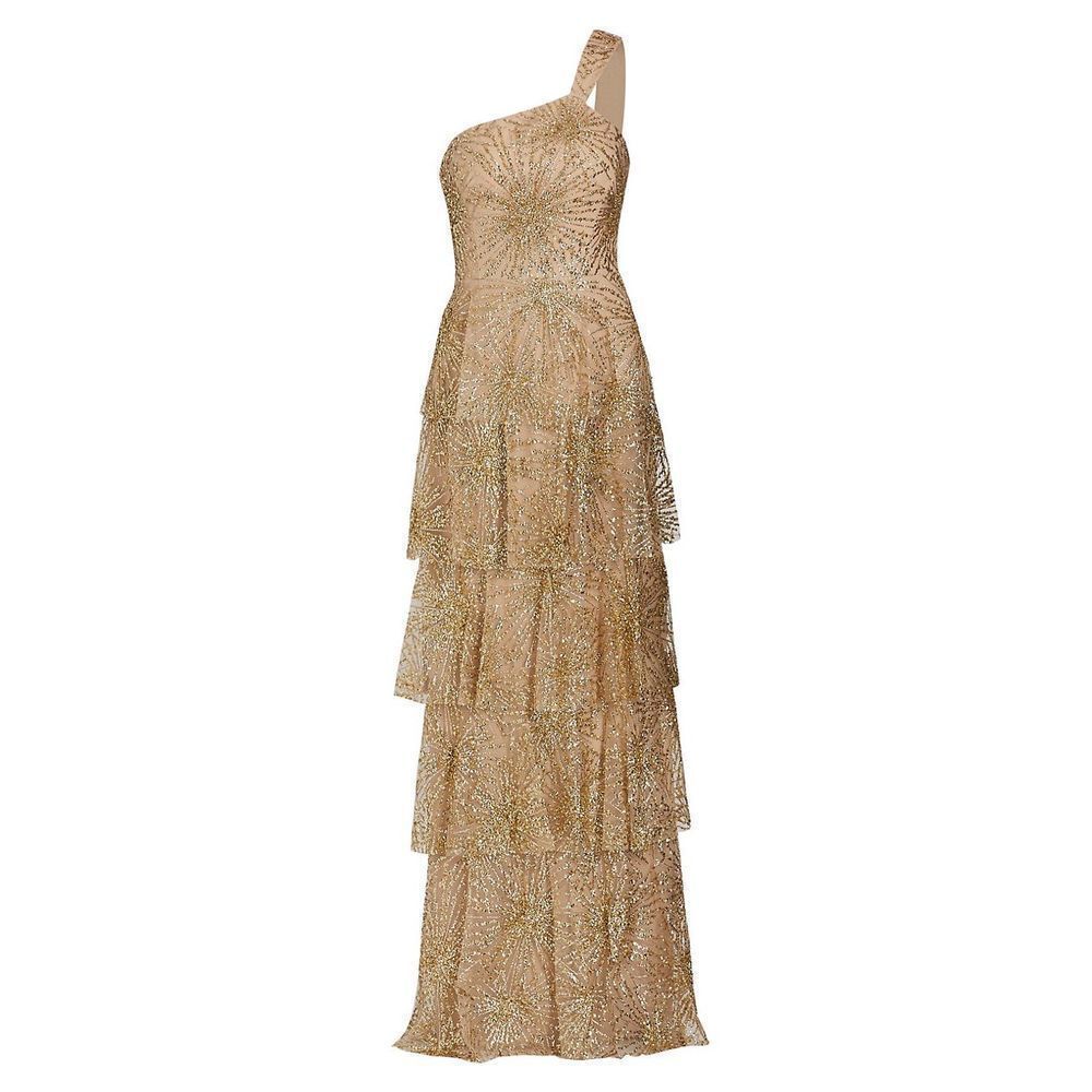 Marchesa Notte Tiered Beaded One-Shoulder Gown Size 10 $895